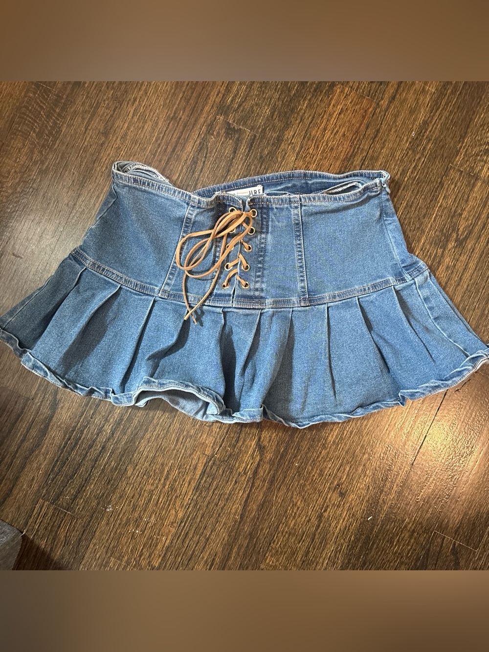 Signature8 Denim Lace-Up Pleated Mini Skirt - Blue with Tan Lace